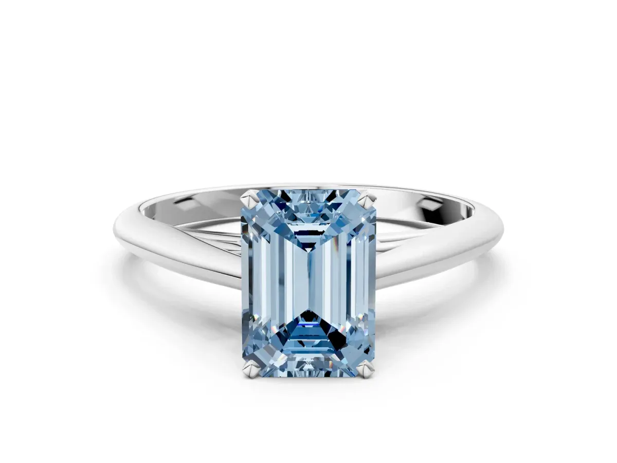 Fancy Blue Emerald Cut Diamond Solitaire Engagement Ring with Cathedral Setting and Four-Prong Mount White gold