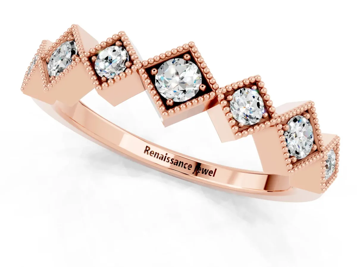 Milgrain Square Bezel Round Moissanite Chevron Band Rose gold