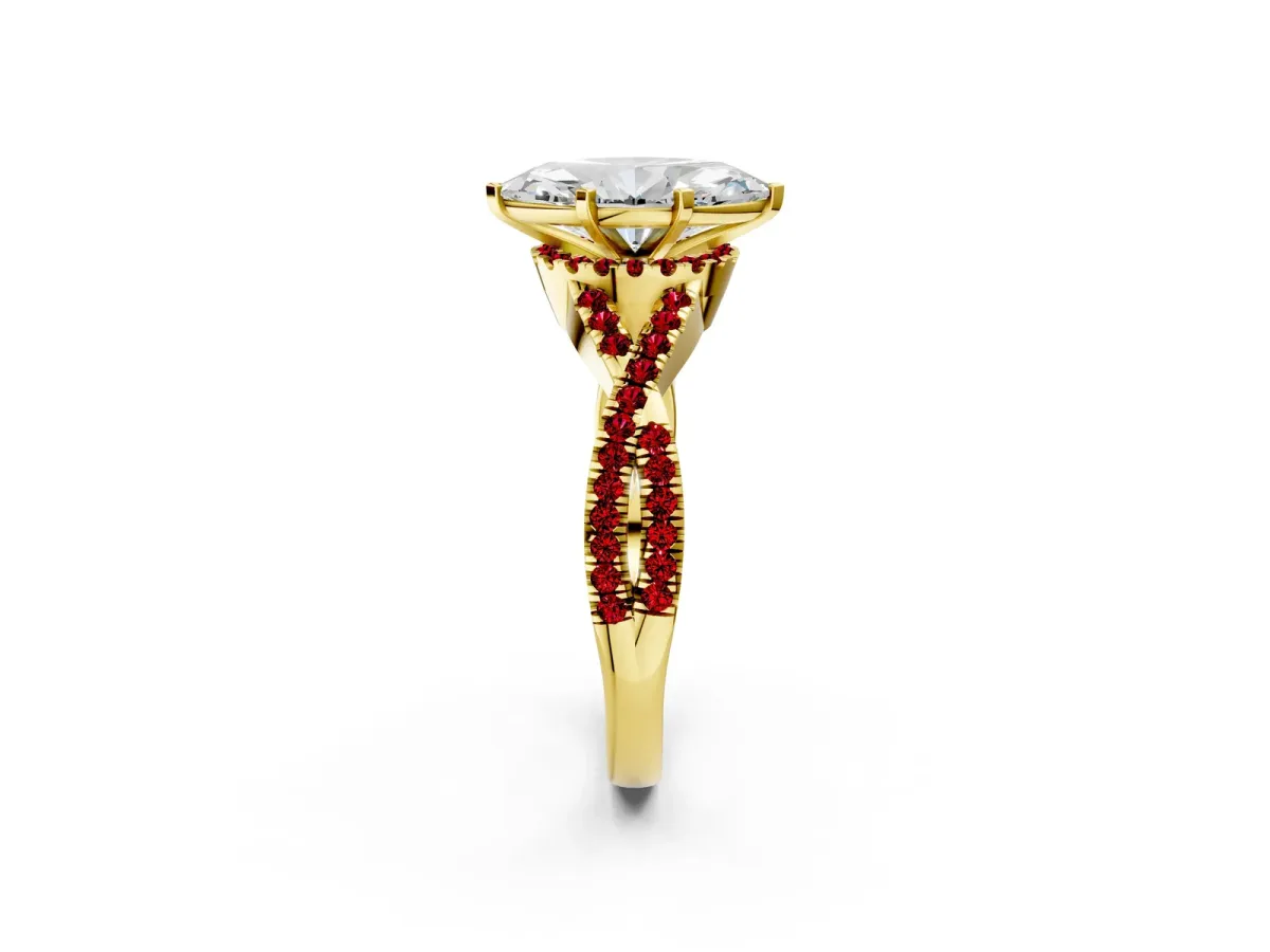 Marquise Cut Diamond Ruby Halo Twist Band Solitaire Prong Setting Ring Yellow gold