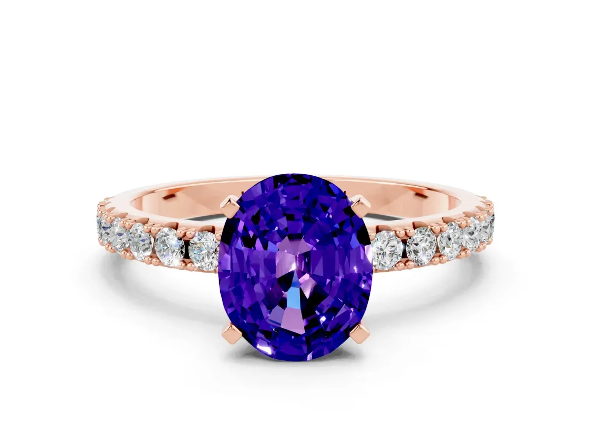 Oval Cut Tanzanite Solitaire Pavé Band with Four-Prong Setting Rose gold