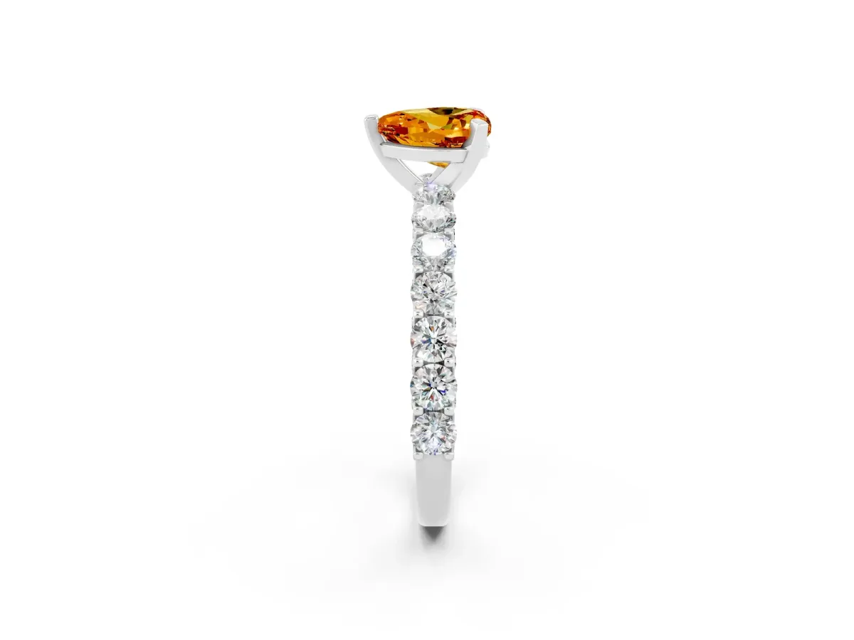Heart Cut Citrine Solitaire Ring with Shared Prong Pavé Band and Four-Prong Setting Platinum