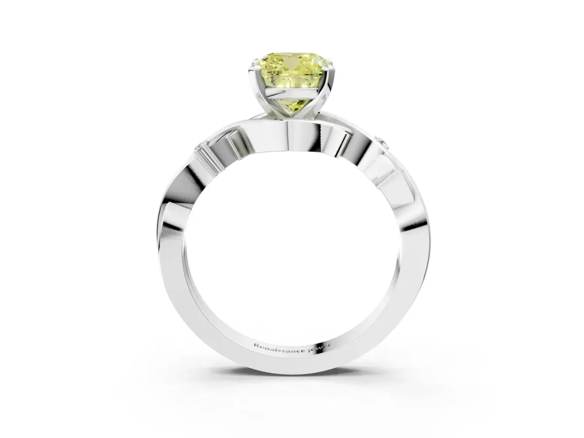 Fancy Yellow Cushion Cut Diamond Solitaire Ring with Twisted Band and Prong Setting Silver