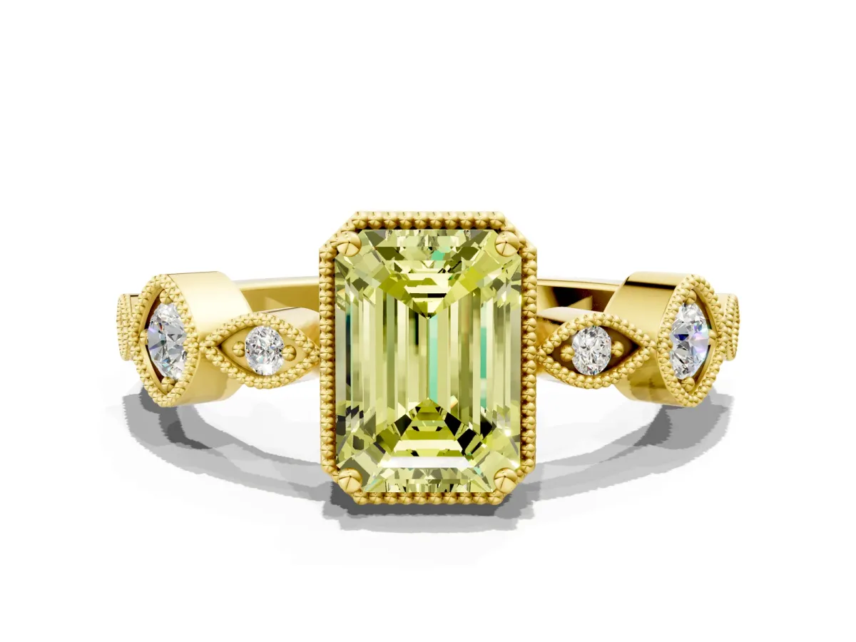 Fancy Yellow Emerald Cut Diamond Vintage Milgrain Ring with Round Stations Yellow gold