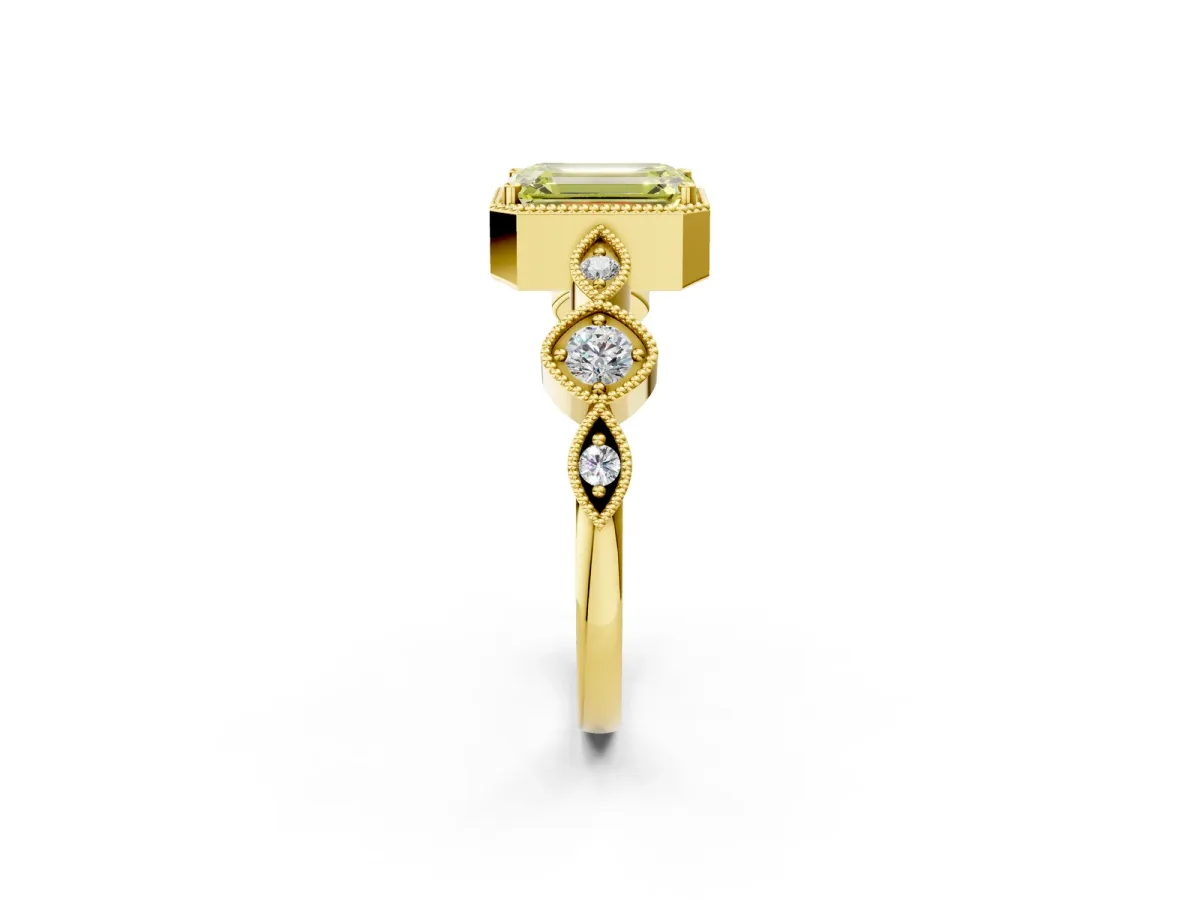 Fancy Yellow Emerald Cut Diamond Vintage Milgrain Ring with Round Stations Yellow gold