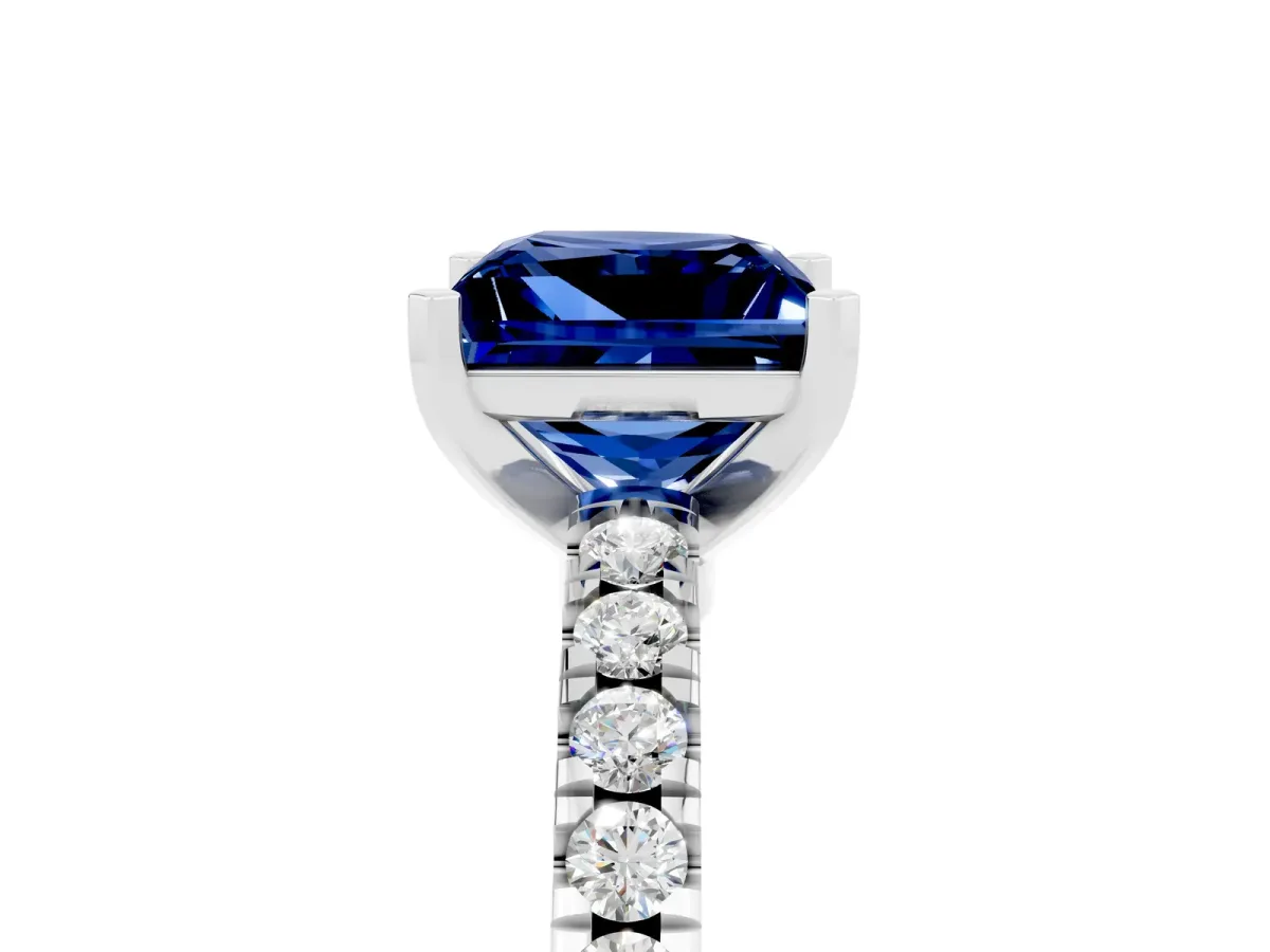 Princess Cut Solitaire Blue Sapphire with Pavé Band and Four-Prong Setting Silver