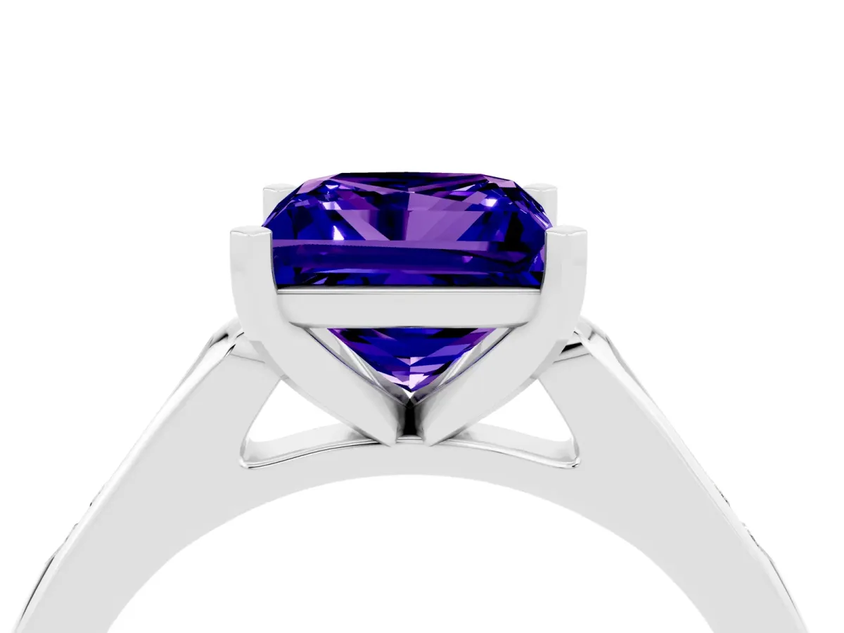 Princess Cut Tanzanite Solitaire Ring with Channel Set Round Band and Prong Setting Silver