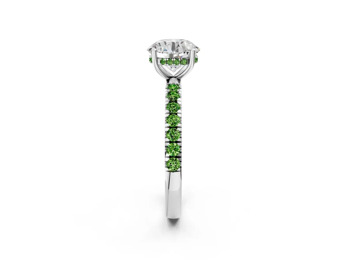 Round Cut Diamond Pave Band Solitaire Ring with Round Peridot and Prong Setting Silver