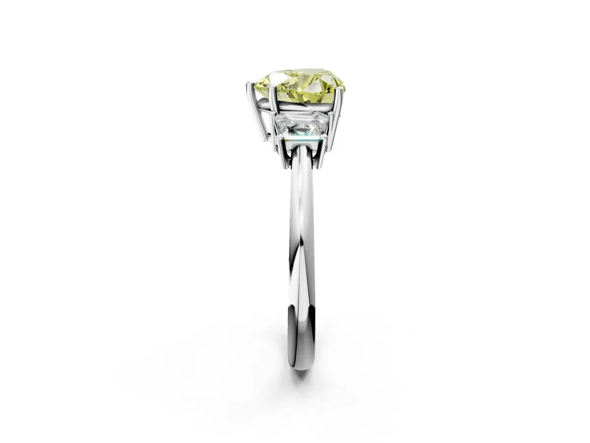 Fancy Yellow Heart Cut Diamond Three-Stone Ring with Trapezoid Side Stones and Prong Setting Silver