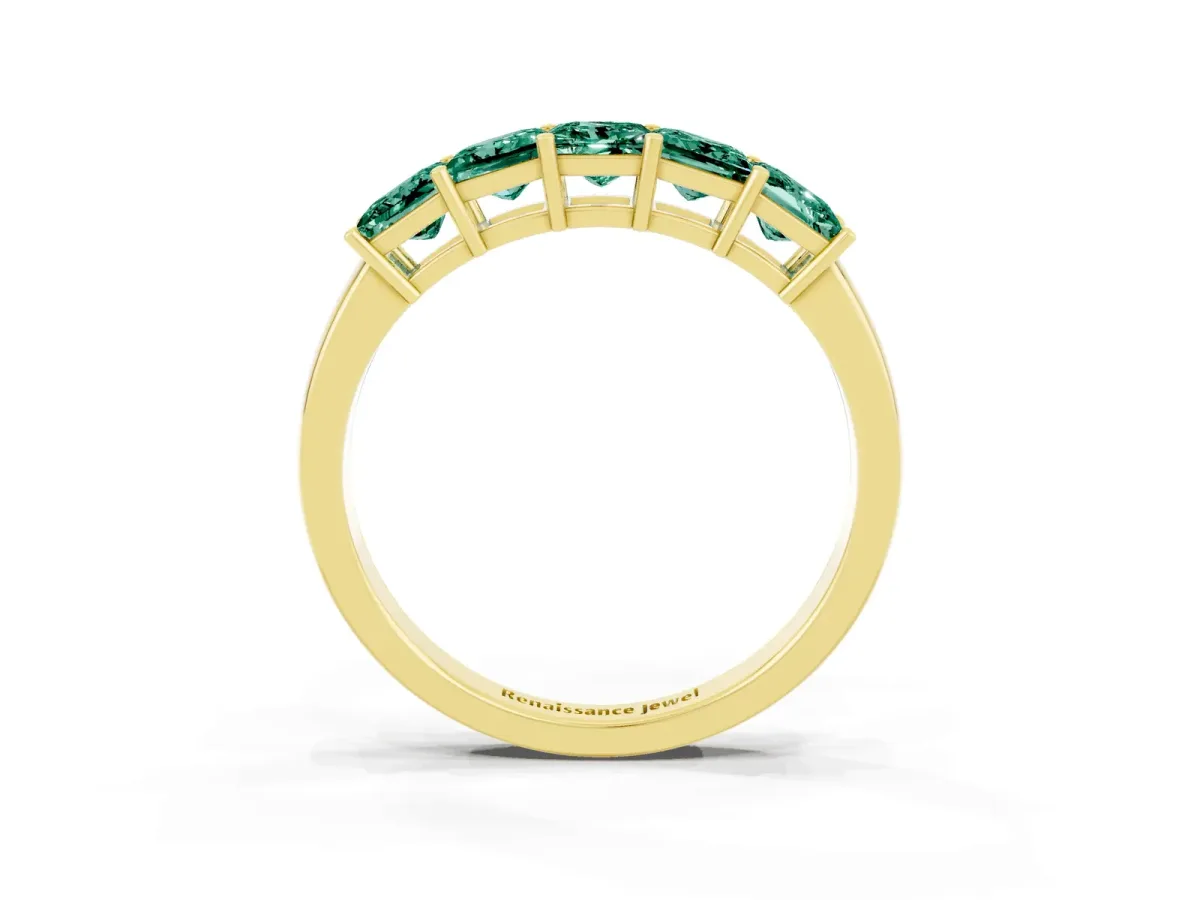 Princess Cut Five-Stone Green Sapphire Band with Prong Setting Yellow gold