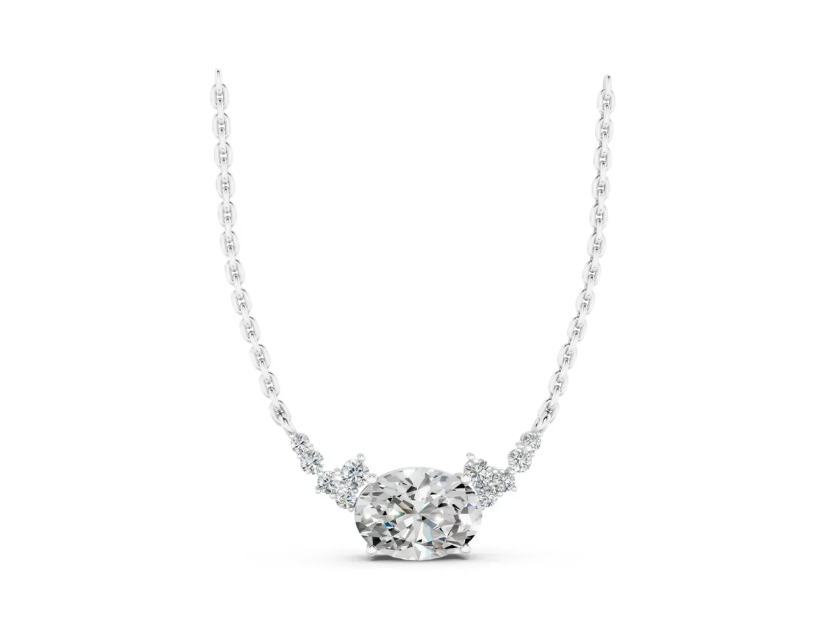 Oval Diamond Pendant with Heart Accents and Prong Setting Silver