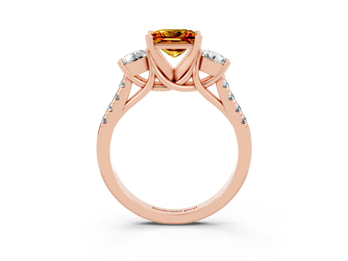 Three-Stone Princess Cut Citrine Pavé Band with Four-Prong Setting Rose gold