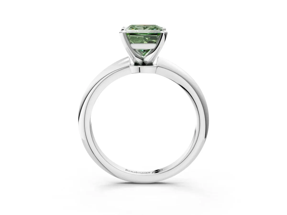 Fancy Green Princess Cut Diamond Solitaire Ring with Six-Prong Setting and Classic Band Silver