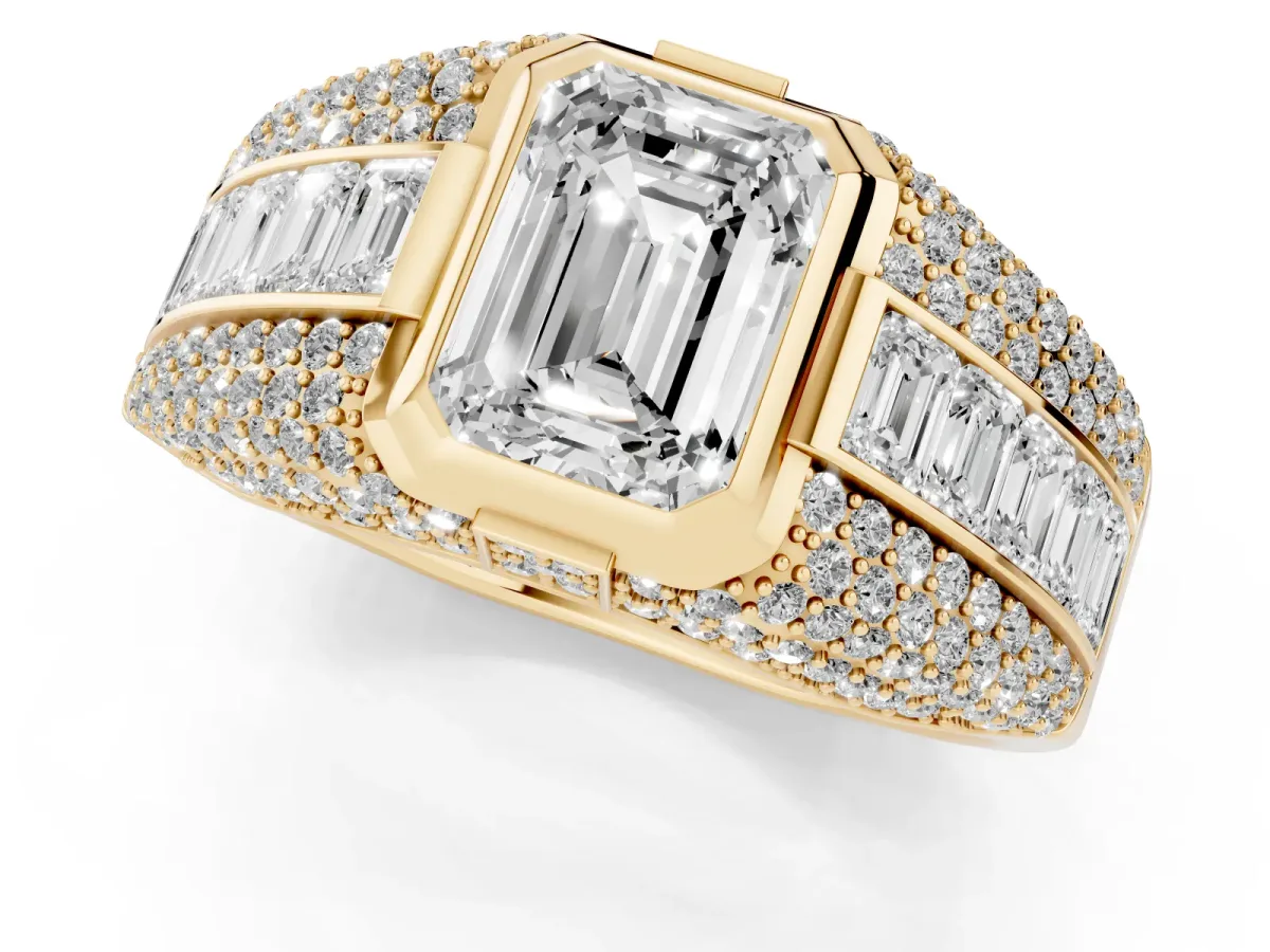 Emerald Cut Diamond Mens Ring with Side Stones Yellow gold
