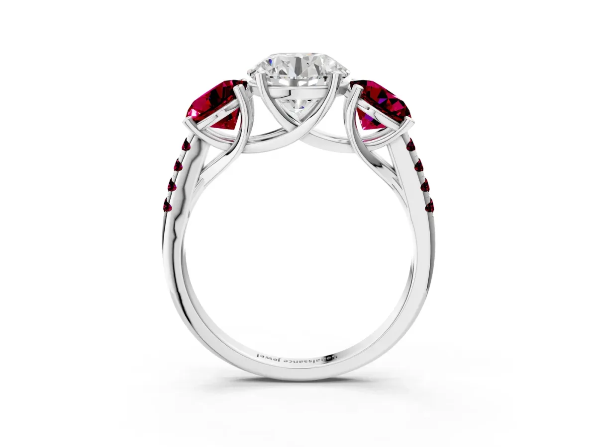 Three-Stone Round Cut Diamond Ring with Round Garnet Pavé Band and Prong Setting Silver