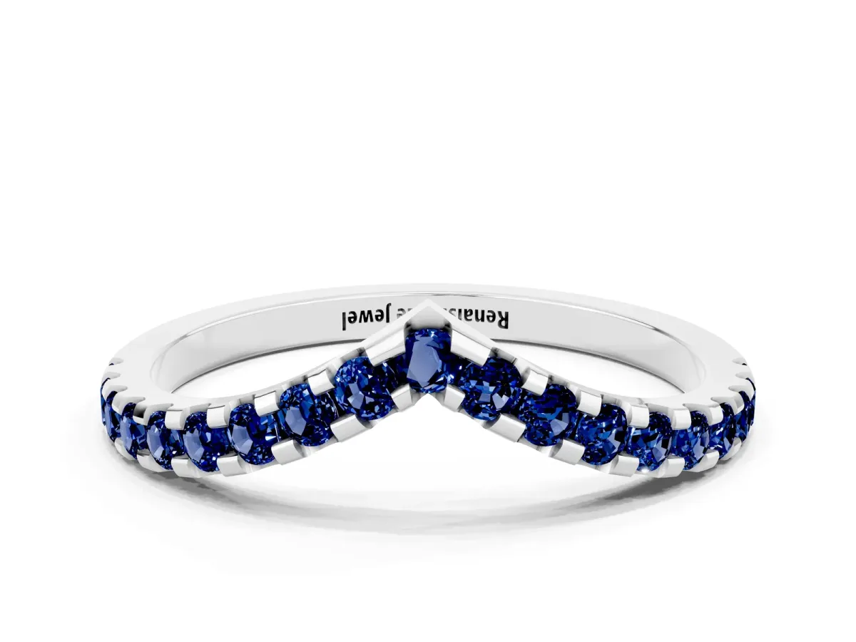 Pavé Round Blue Sapphire Chevron Band with Shared Prong Setting White gold