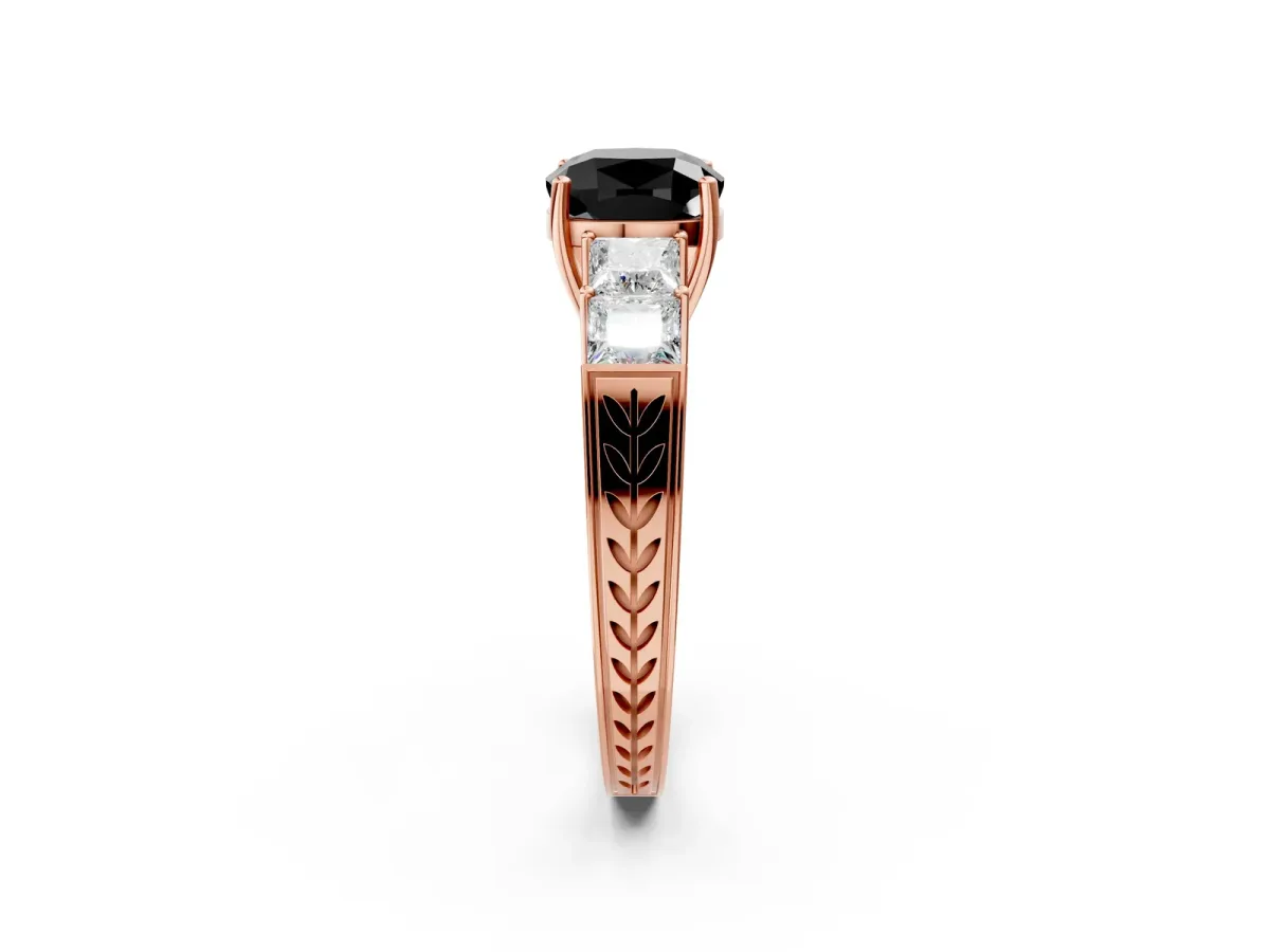 Fancy Black Cushion Cut Solitaire Princess Side Stone Engraved Band Prong Setting Ring Rose gold