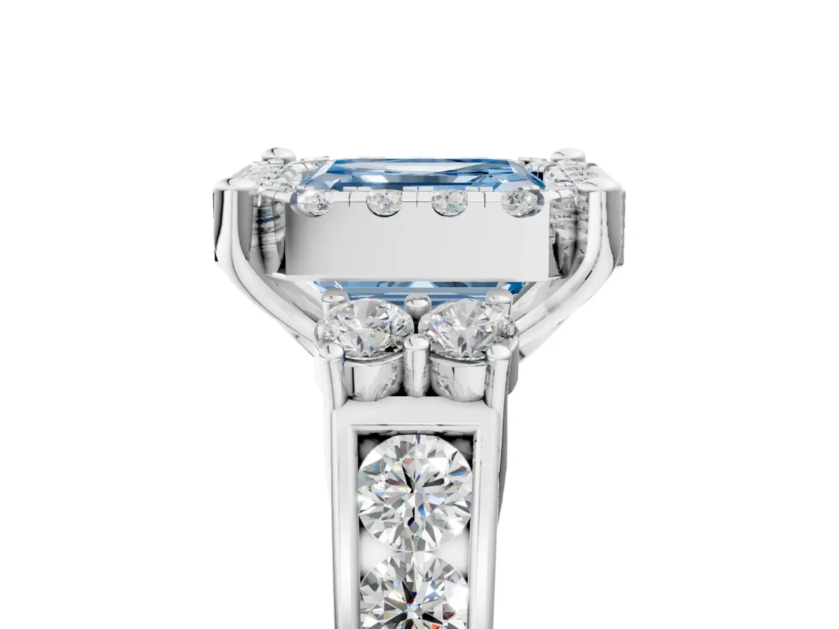 Fancy Blue Asscher Cut Halo Diamond Engagement Ring with Split Shank and Four-Prong Setting Platinum
