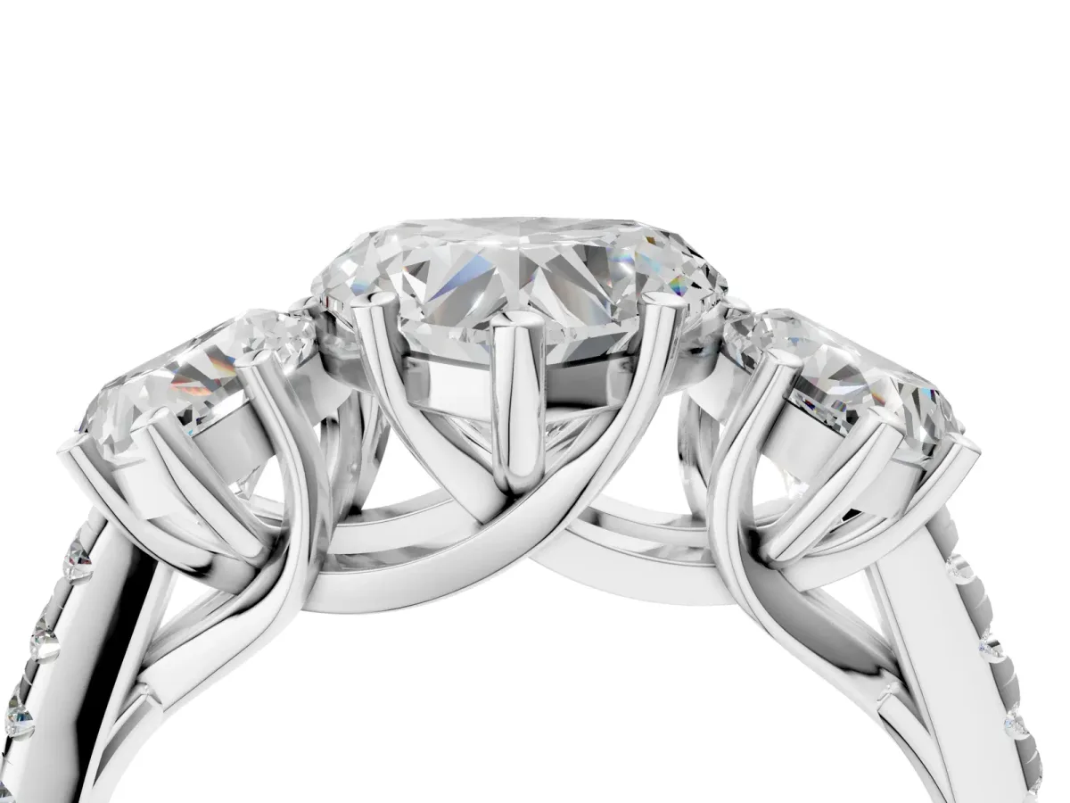 Three-Stone Heart Cut Diamond Ring with Round Moissanite Pavé Band and Prong Setting Silver