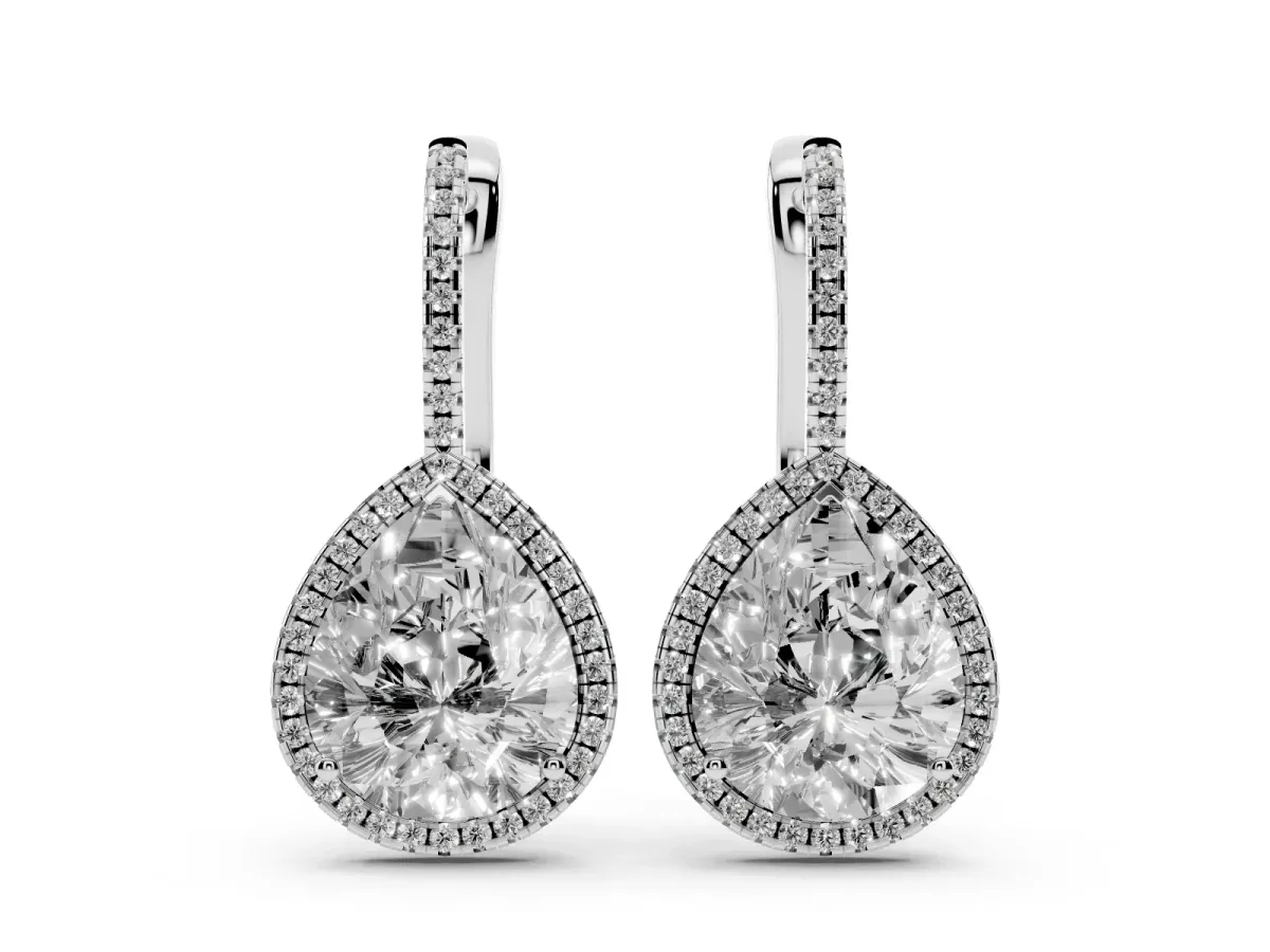 Pear Diamond Halo Leverback Drop Earrings with Round Diamond Accents Platinum