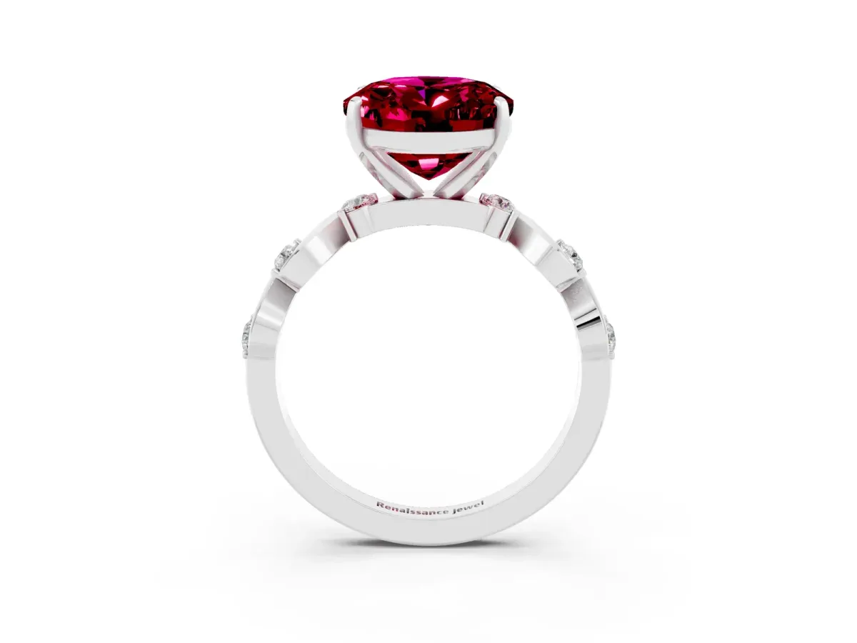 Oval Cut Garnet Solitaire Twisted Band with Round Accents and Prong Setting Silver