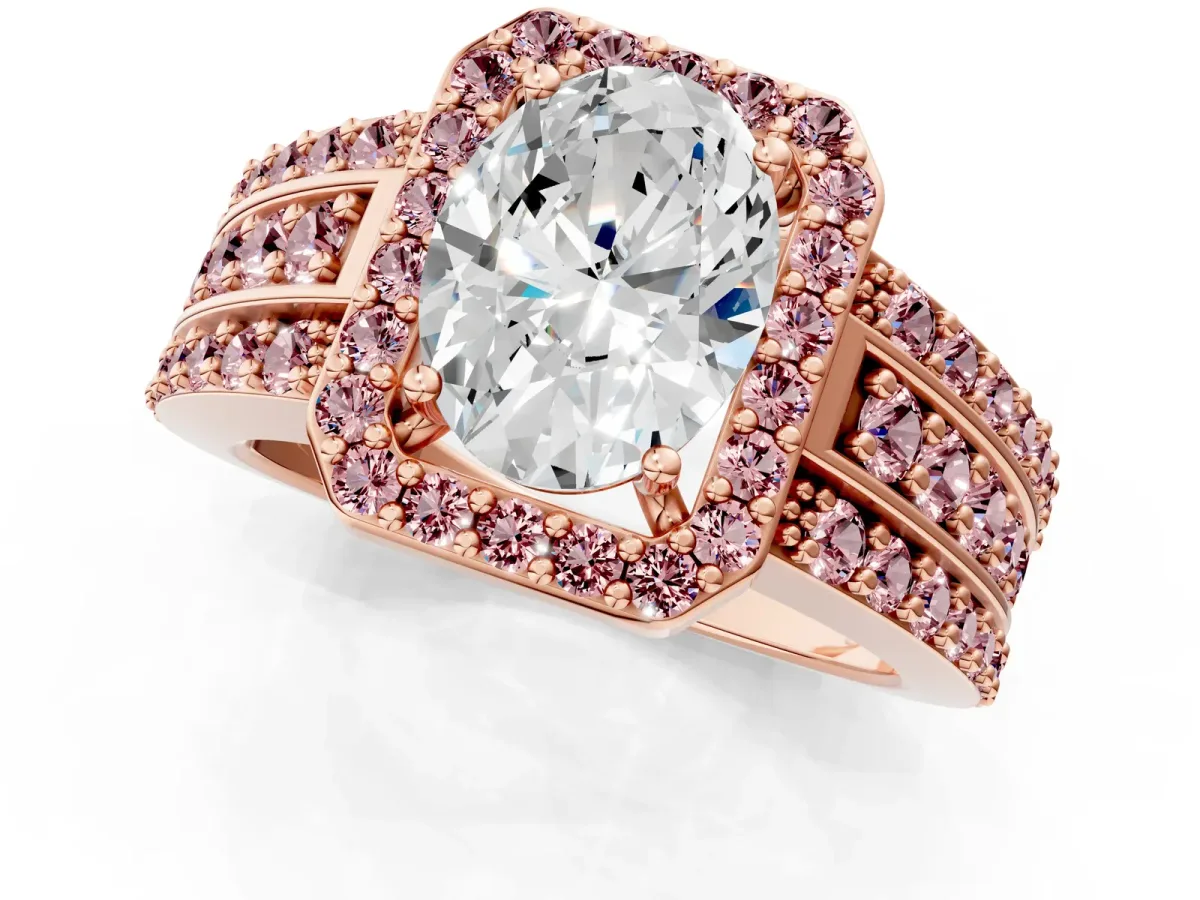 Oval Cut Halo Diamond Ring with Round Morganite Split Shank and Prong Setting Rose gold