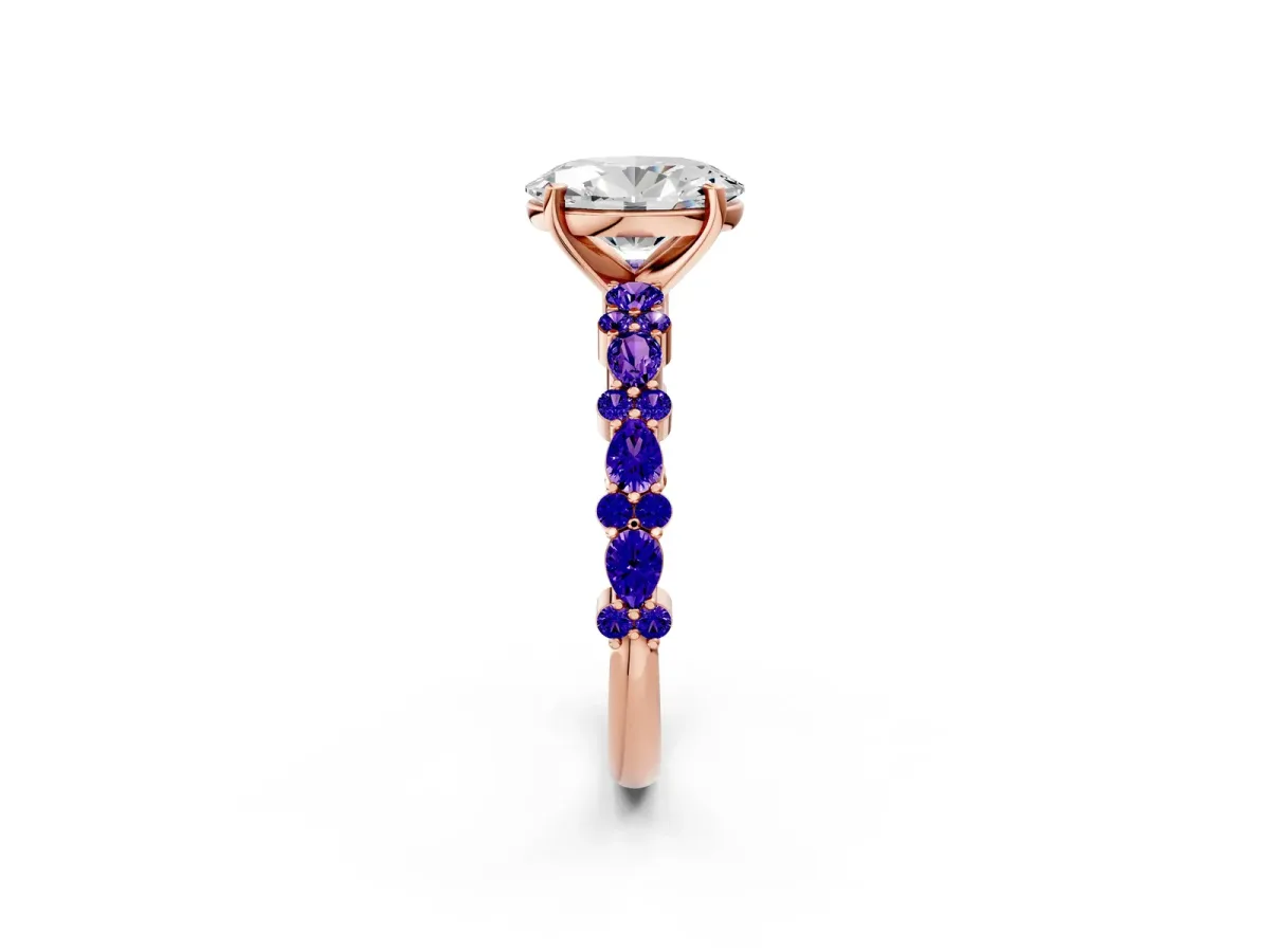 Oval Cut Diamond Side Stone Solitaire Ring with Round Tanzanite and Four-Prong Setting Rose gold