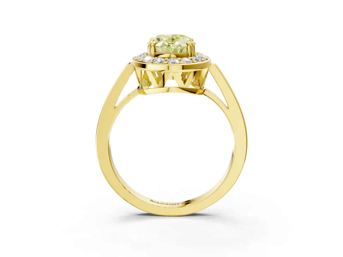 Fancy Yellow Oval Cut Diamond Halo Ring with Split Shank and Four-Prong Setting Yellow gold