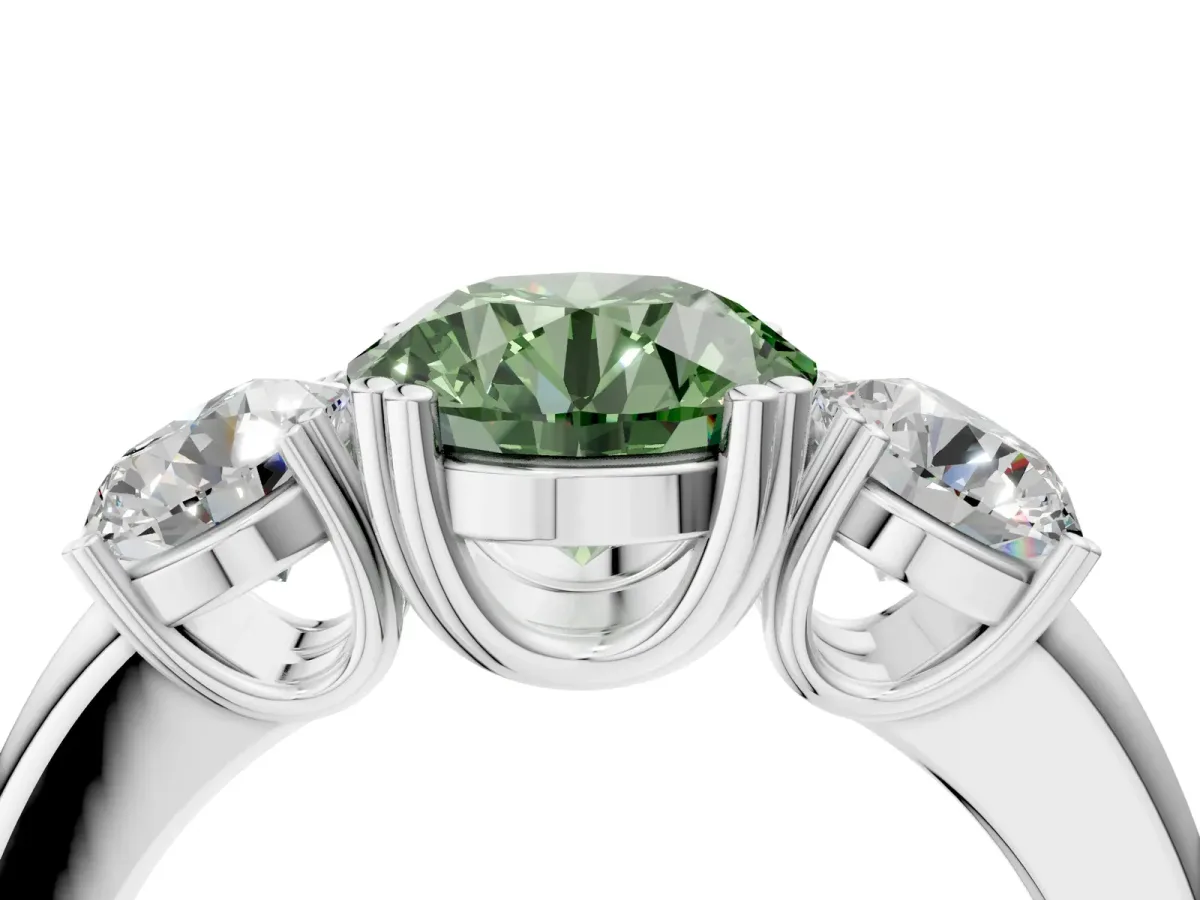 Fancy Green Three-Stone Round Cut Cut Diamond Ring with Channel Set Band and Four-Prong Setting Platinum