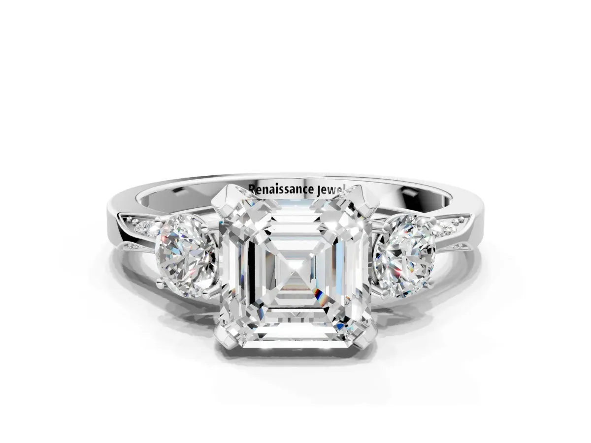 Asscher Cut Brilliant Three-Stone Diamond Ring with Pavé Band and Four-Prong Setting Platinum