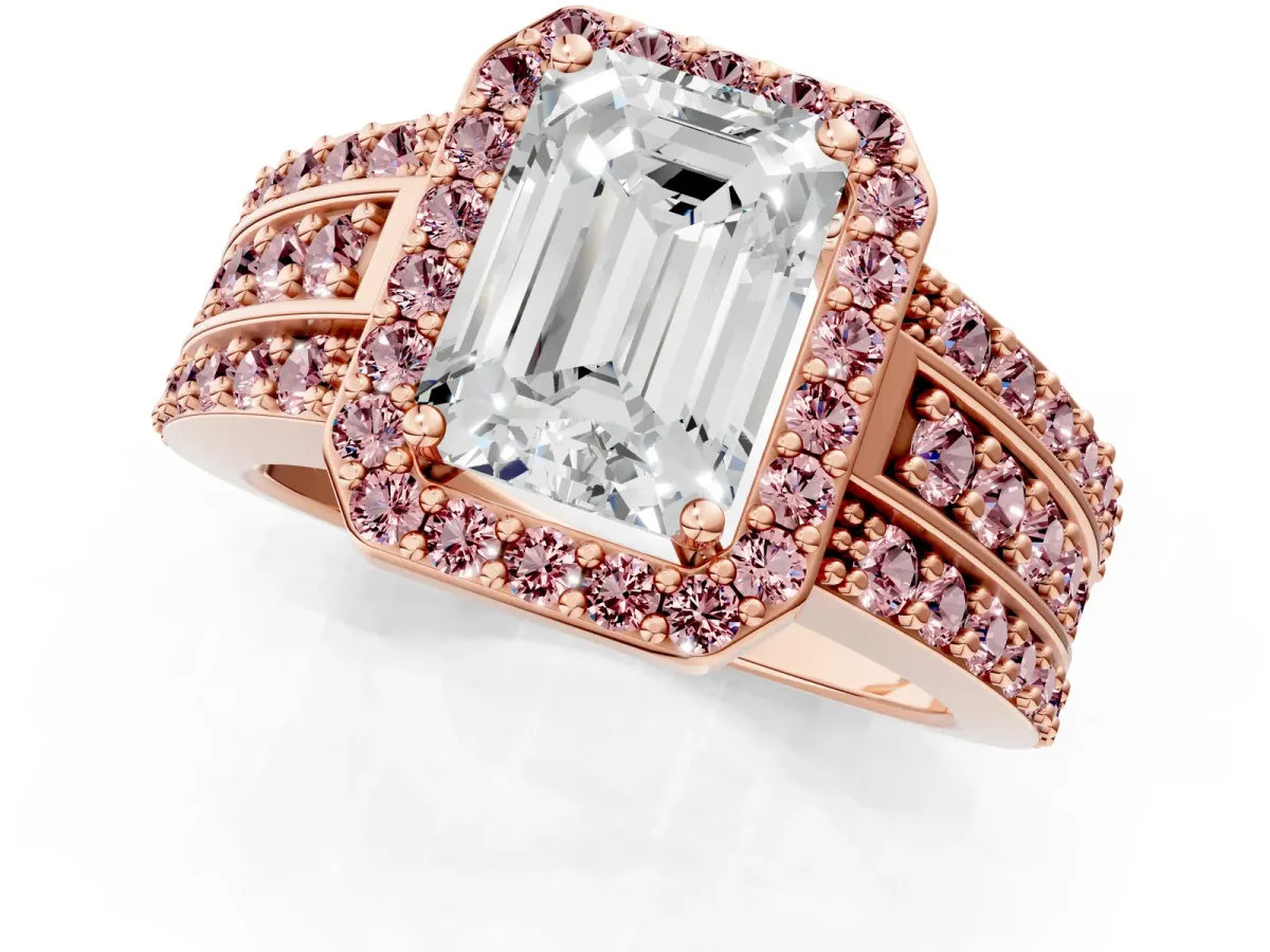 Emerald Cut Halo Diamond Ring with Round Morganite Split Shank and Prong Setting Rose gold