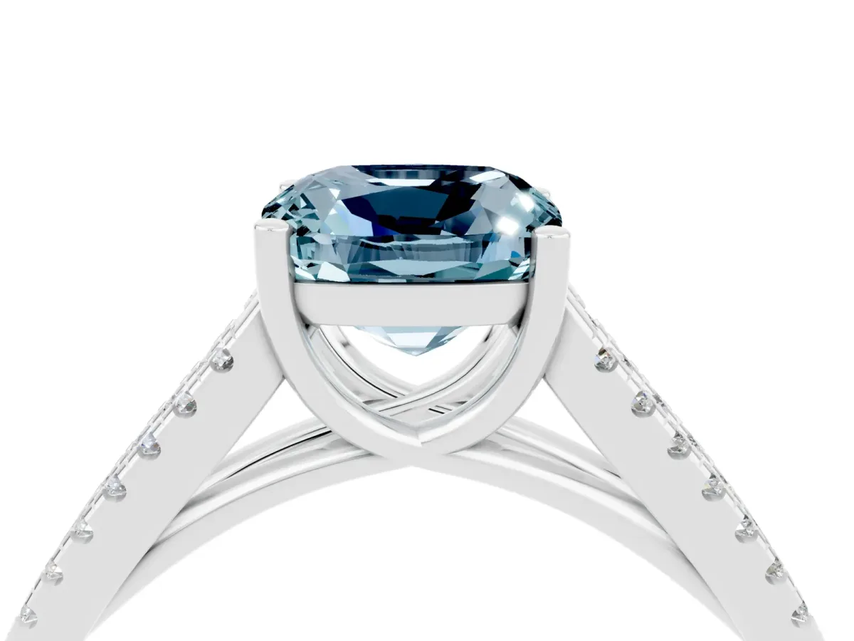 Cushion Cut Aquamarine Solitaire Engagement Ring with Split Shank Pavé Band Silver