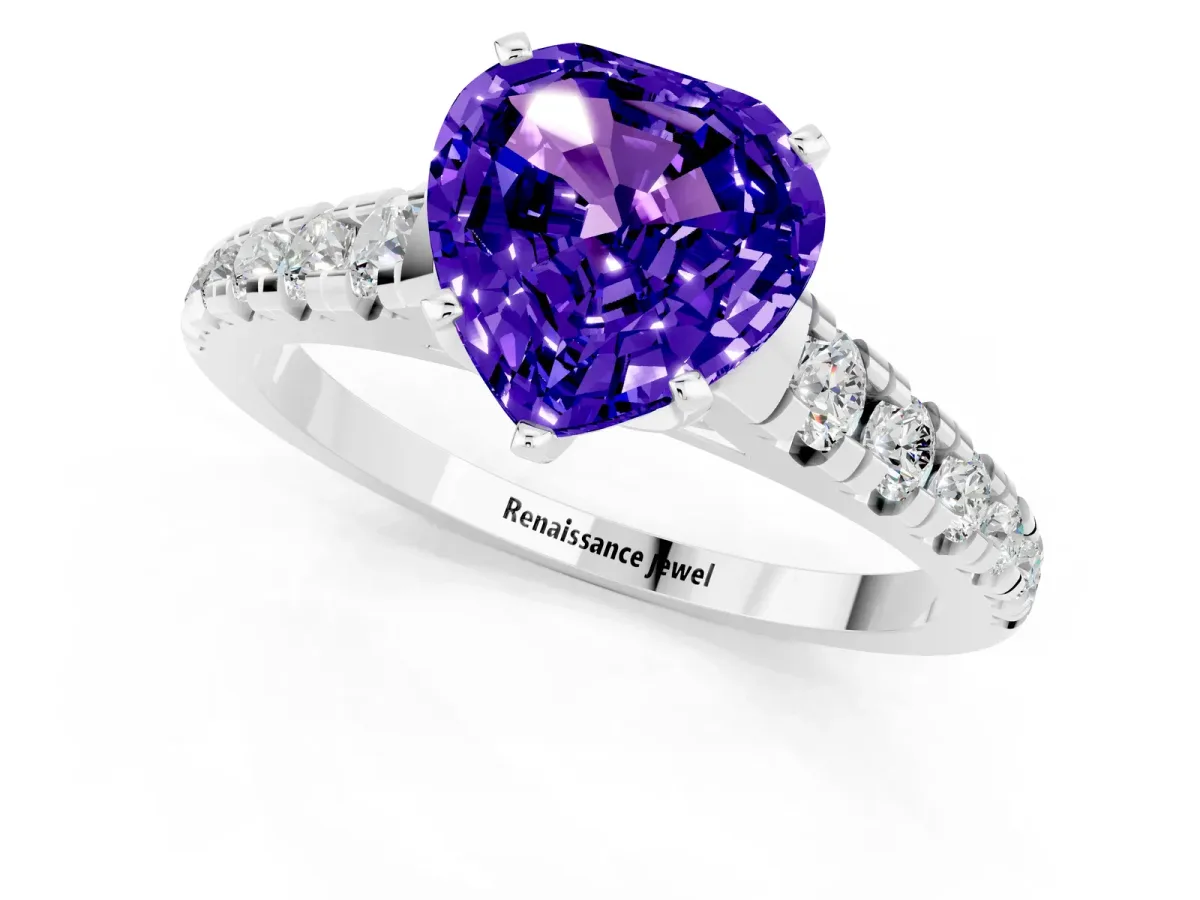 Heart Cut Tanzanite Cathedral Solitaire Ring with Round Pavé Band Silver