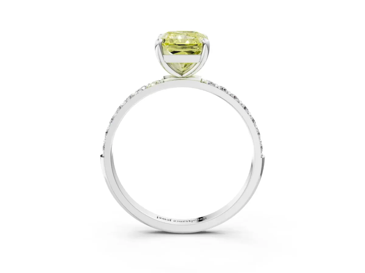 Fancy Yellow Radiant Cut Diamond Solitaire Ring with Round Pavé Band and Prong Setting Silver
