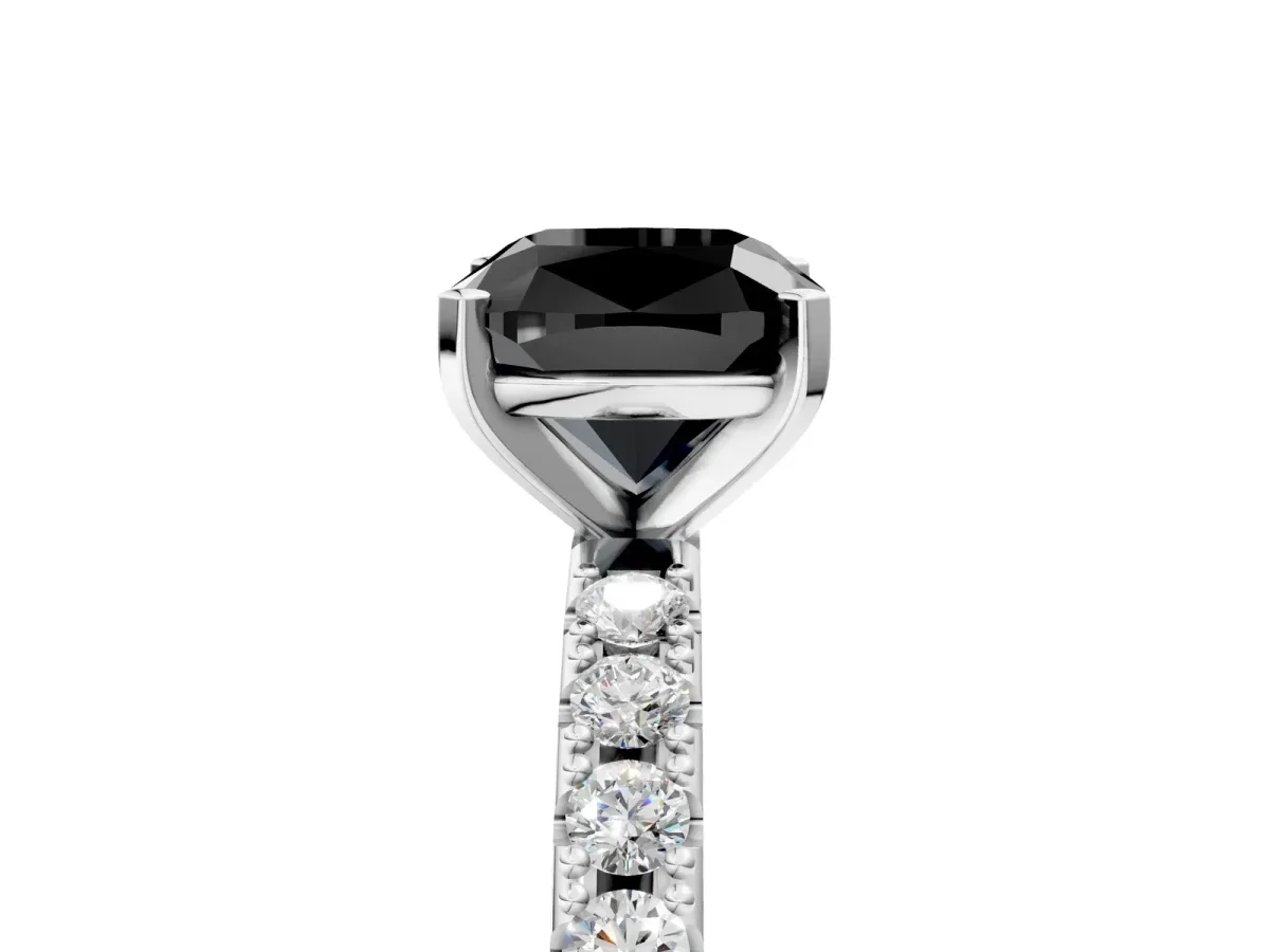 Fancy Black Cushion Cut Diamond Solitaire Pavé Band with Four-Prong Setting Silver