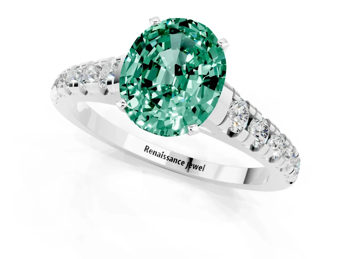 Oval Cut Green Sapphire Cathedral Solitaire Ring with Round Pavé Band Silver