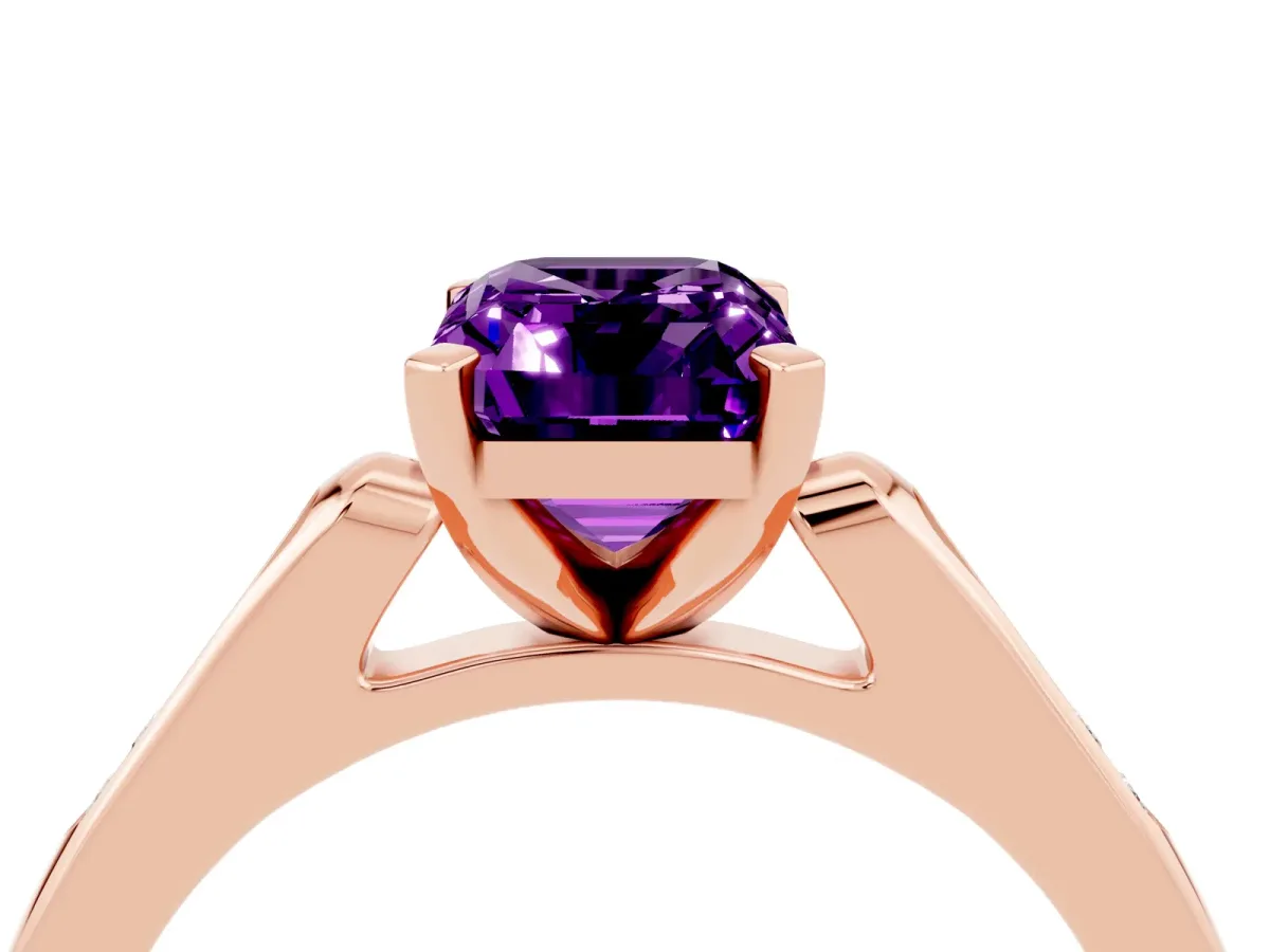 Emerald Cut Amethyst Solitaire Ring with Channel Set Round Band and Prong Setting Rose gold