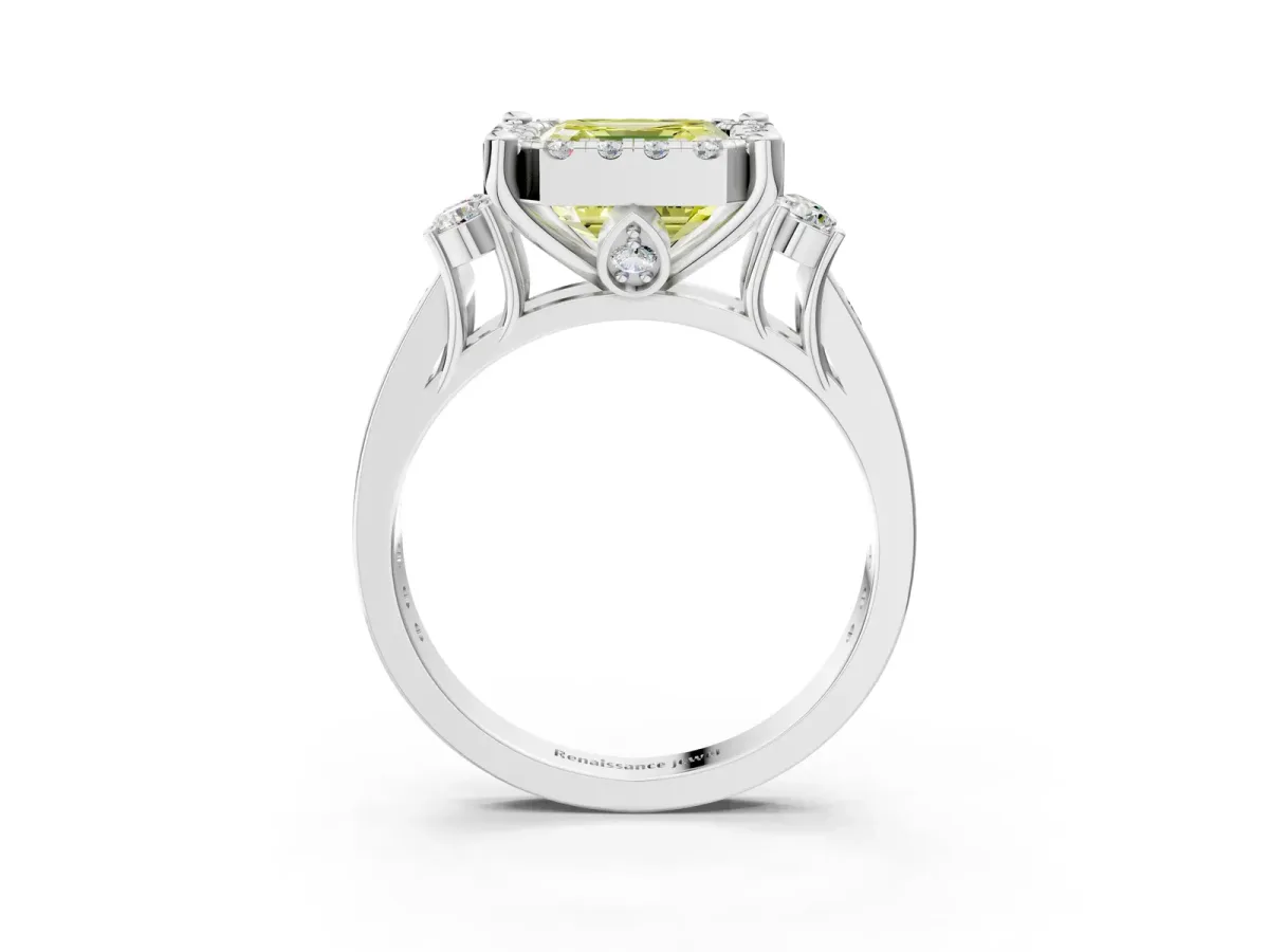 Fancy Yellow Asscher Cut Halo Diamond Engagement Ring with Split Shank and Four-Prong Setting Platinum
