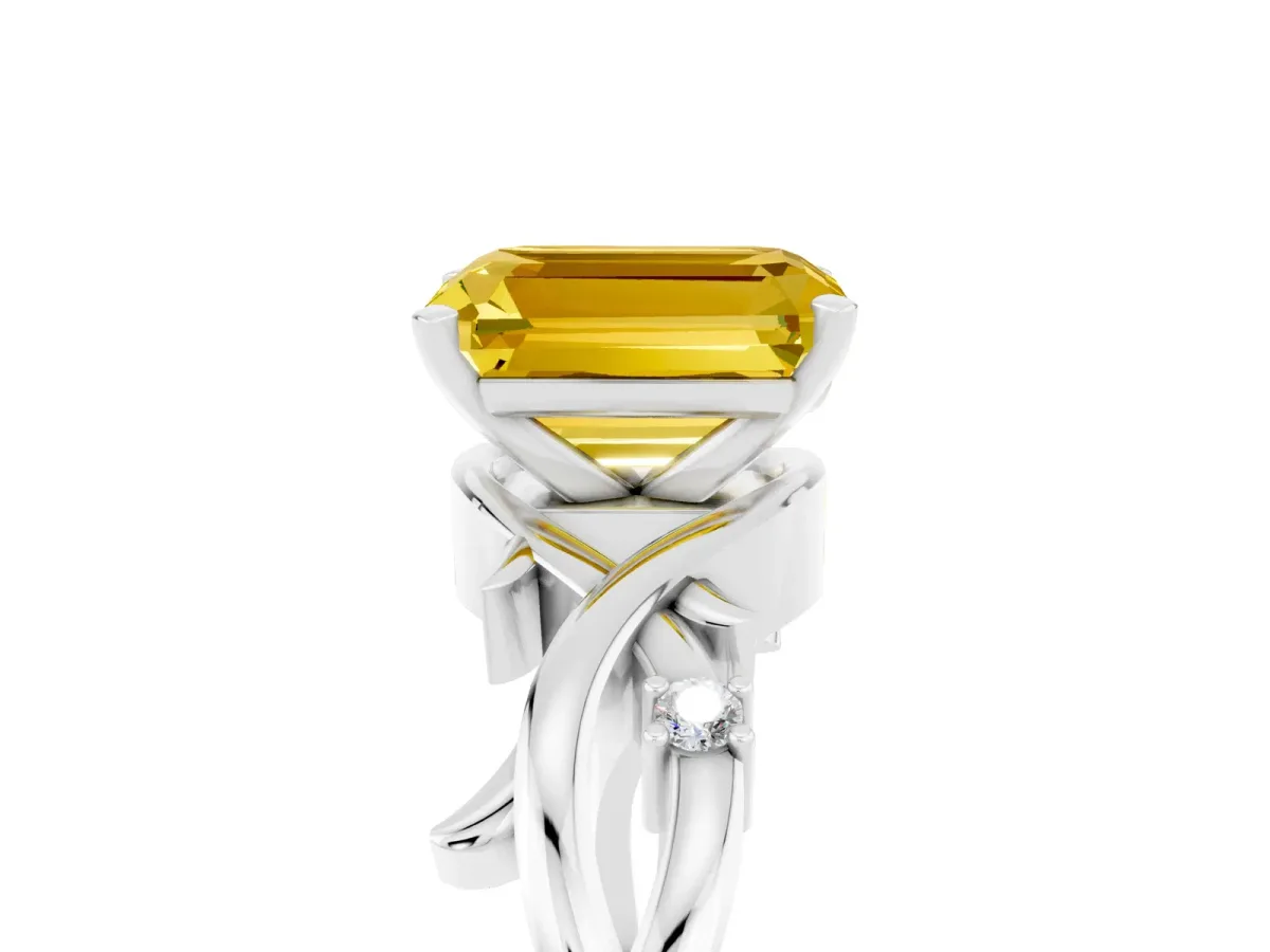 Emerald Cut Yellow Sapphire Solitaire Ring with Twisted Band and Prong Setting Platinum