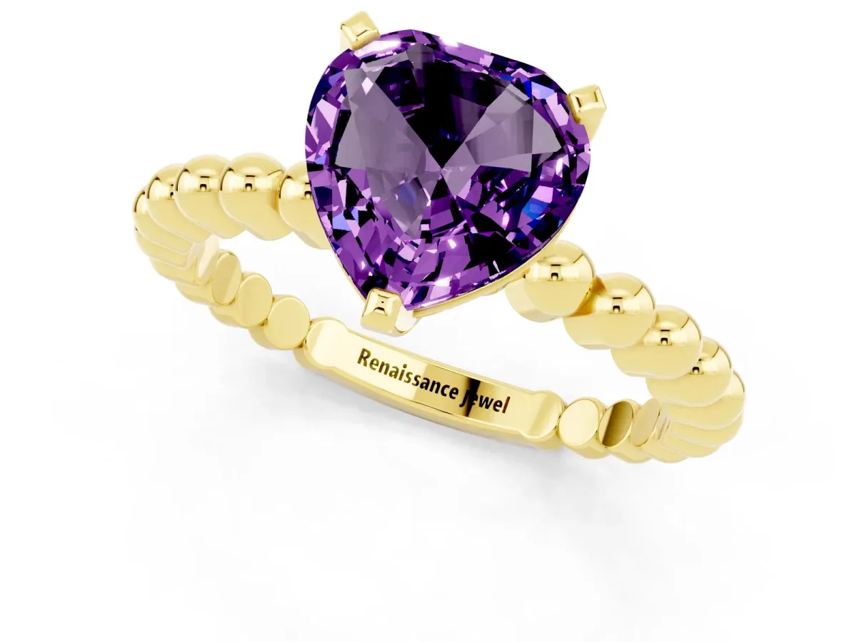 Heart Cut Amethyst Solitaire Ring with Beaded Band and Prong Setting Yellow gold