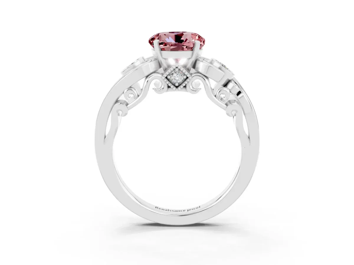 Round Cut Morganite Solitaire Ring with Milgrain Pavé Band and Four-Prong Setting Silver