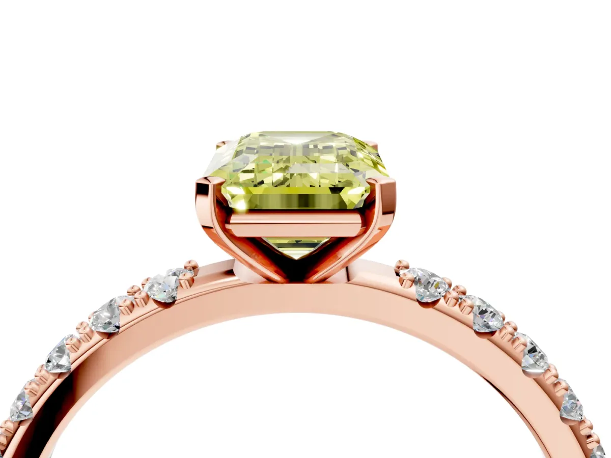 Fancy Yellow Emerald Cut Diamond Solitaire Pavé Band with Four-Prong Setting Rose gold