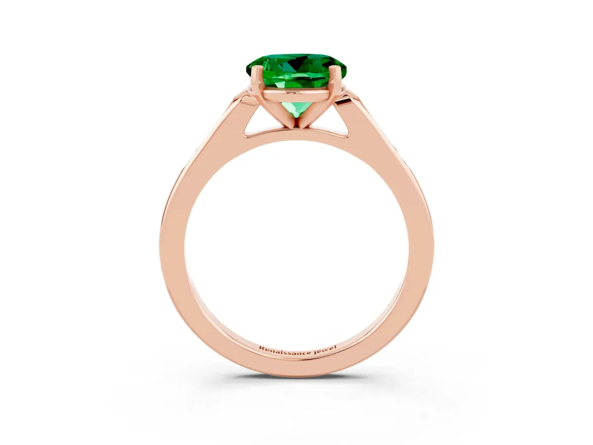 Round Cut Emerald Solitaire Ring with Channel Set Round Band and Prong Setting Rose gold