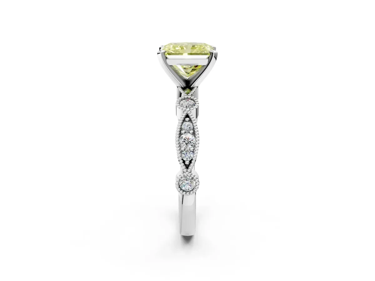 Fancy Yellow Radiant Cut Milgrain Bezel Diamond Engagement Ring with Solitaire Prong Setting Platinum