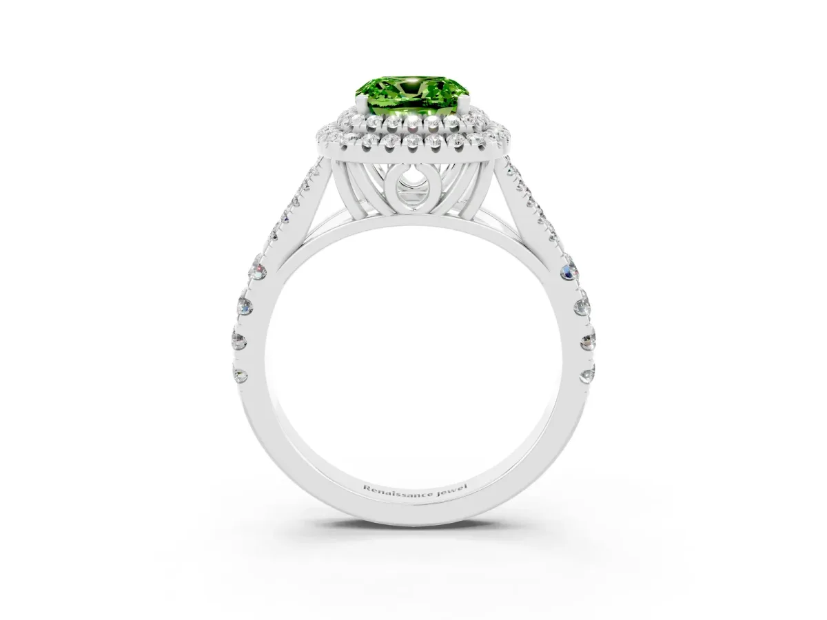 Double Halo Cushion Cut Peridot Split Shank Engagement Ring with Four-Prong Setting White gold