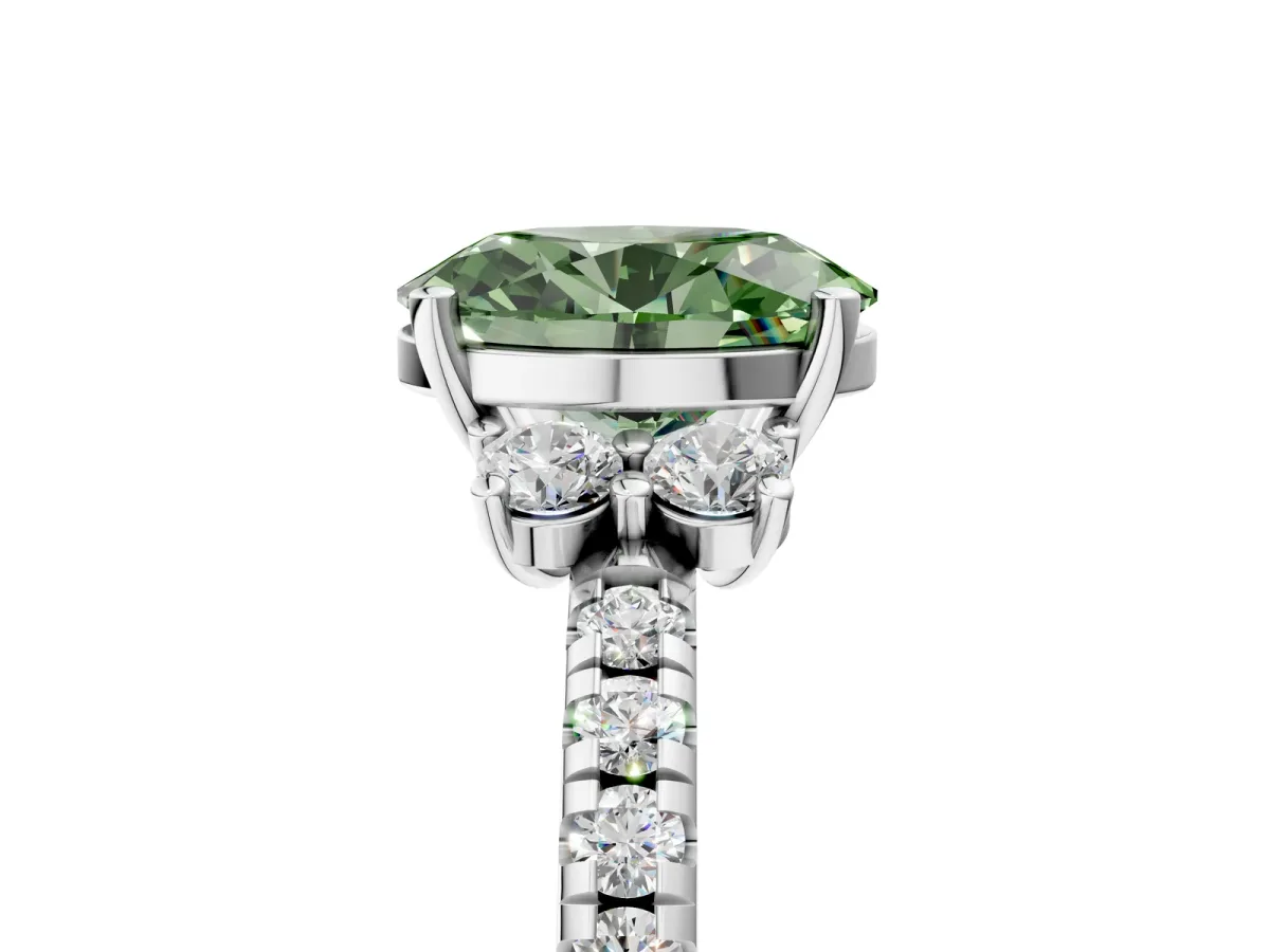 Fancy Green Oval Cut Diamond Three-Stone Pave Band with Four-Prong Setting Silver