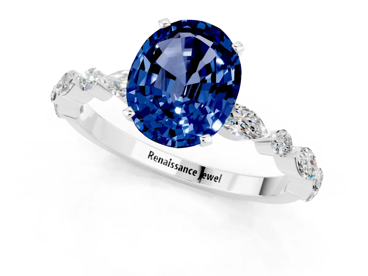 Oval Cut Blue Sapphire Ring with Marquise and Round Side Stones and Four-Prong Setting Silver