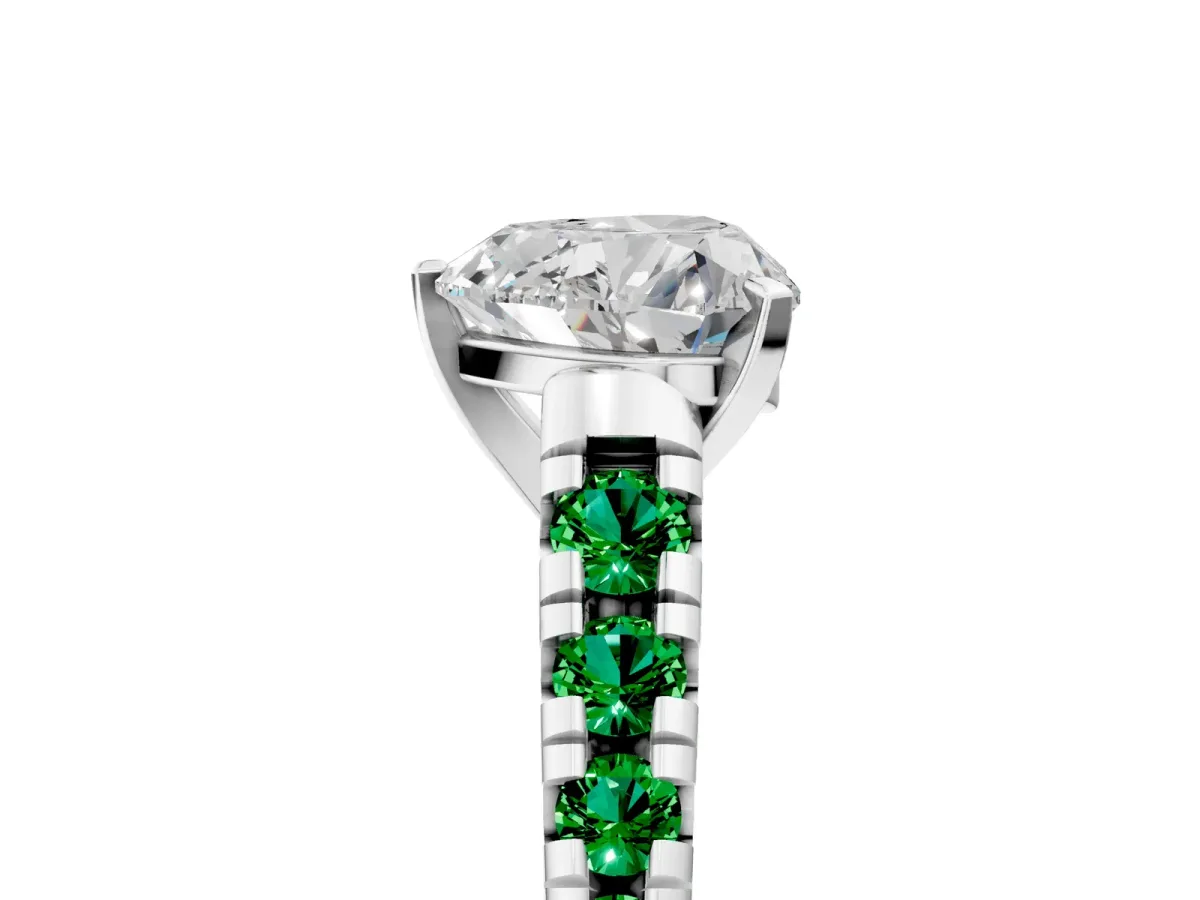 Heart Cut Diamond Cathedral Solitaire Ring with Round Emerald Pavé Band Silver