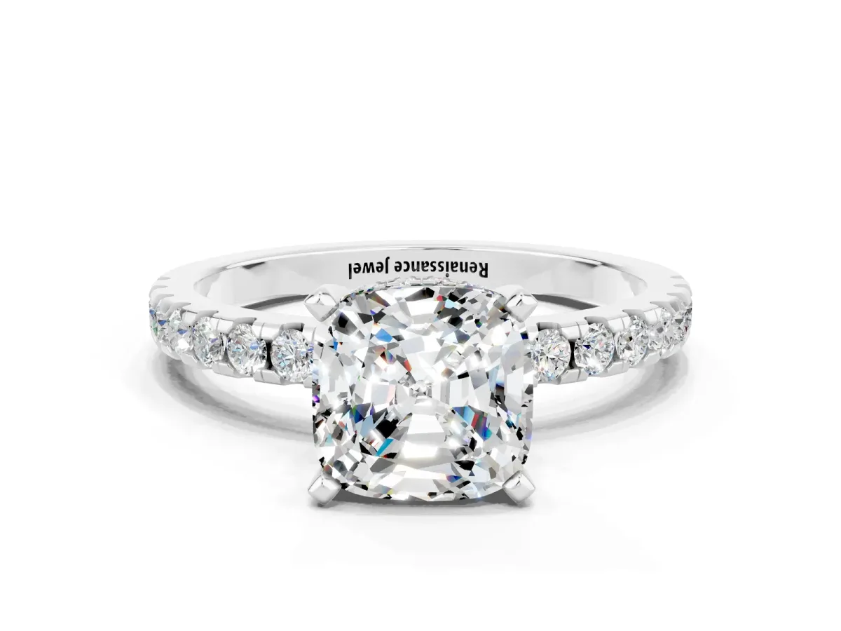 Cushion Cut Moissanite Solitaire Ring with Round Pavé Band and Four-Prong Setting Silver