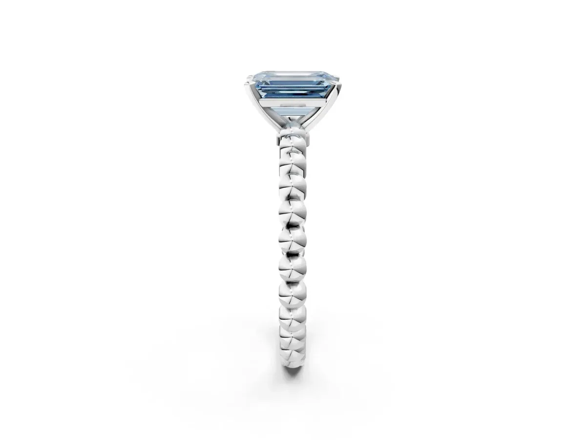 Fancy Blue Emerald Cut Diamond Solitaire Ring with Beaded Band and Prong Setting White gold