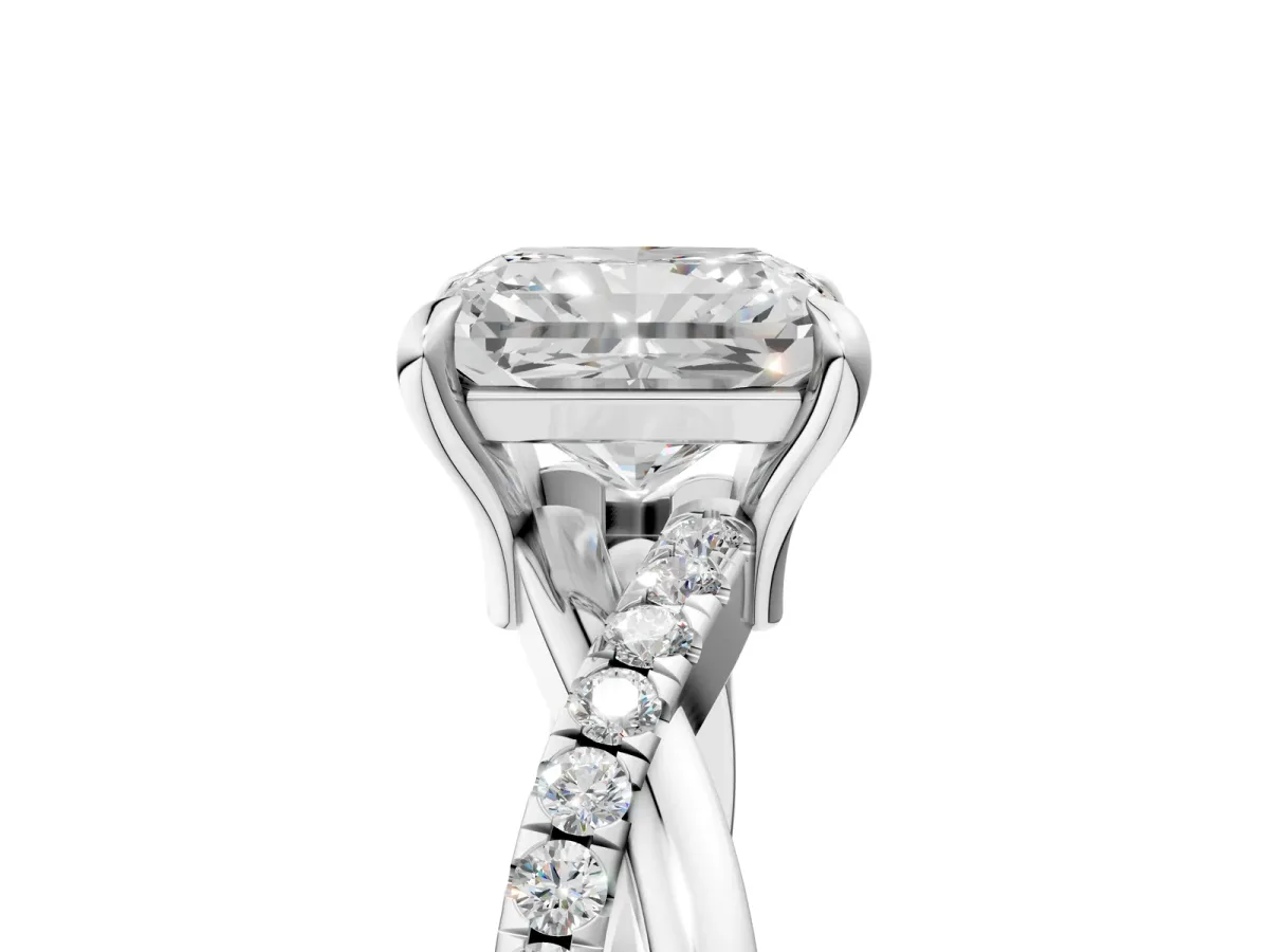 Radiant Cut Cut Twist Band Solitaire Diamond Ring with Pavé Setting Platinum